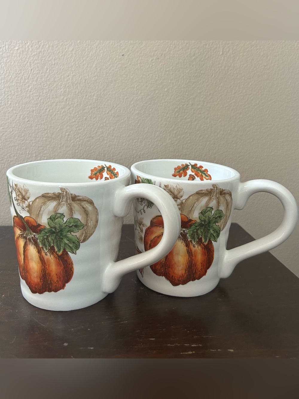 Set Of 2 Pumpkin Fall Coffee Mugs Cups New Thanksgiving Leaves Ceramic